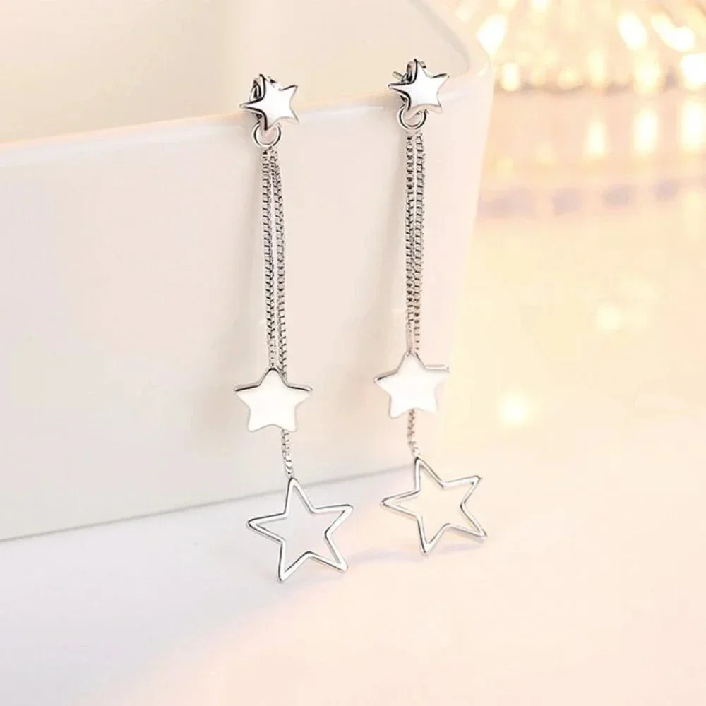 925 Sterling Silver Star Star Dangle Drop Earrings Star Long Tassel Earrings